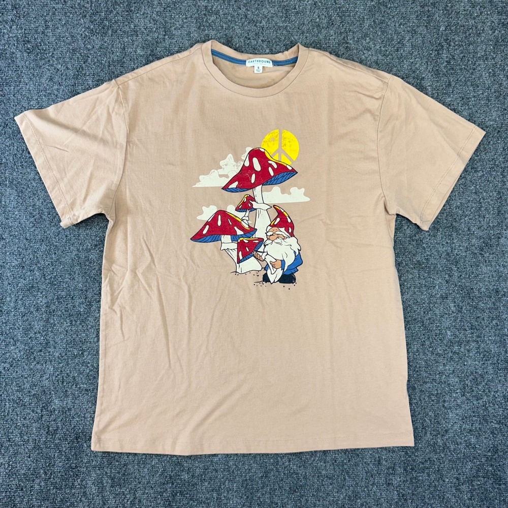 Earthbound Trading Co Gnome Mushroom Peace Sign Graphic T-Shirt Tan Small